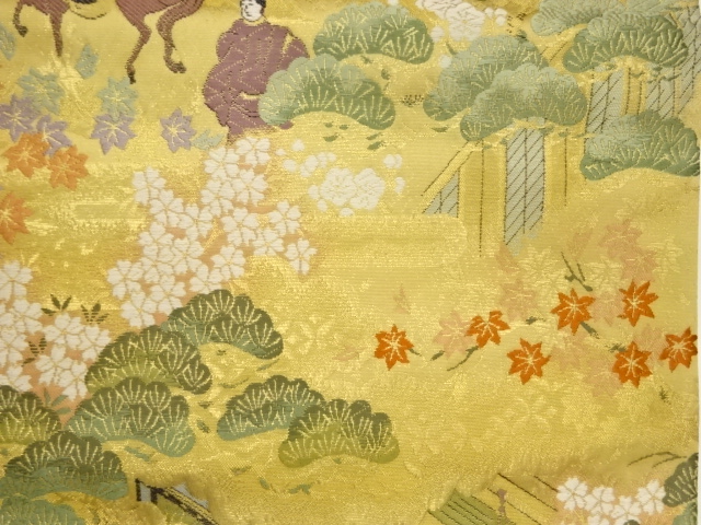  木々に屋敷・人物模様織出し全通袋帯